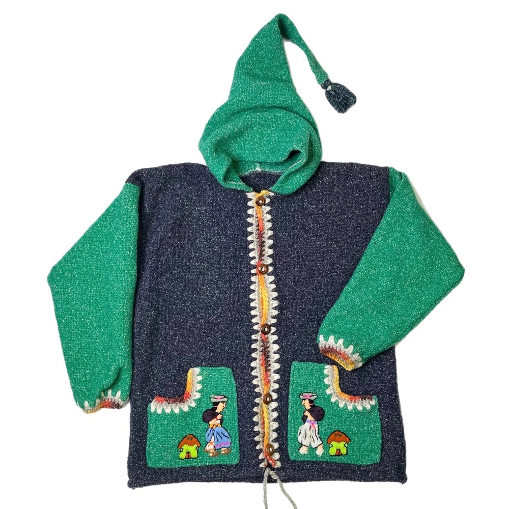 Handknit Embroidered Pointed Hooded Sweater Folk Art Gnome Pixie Goblincore